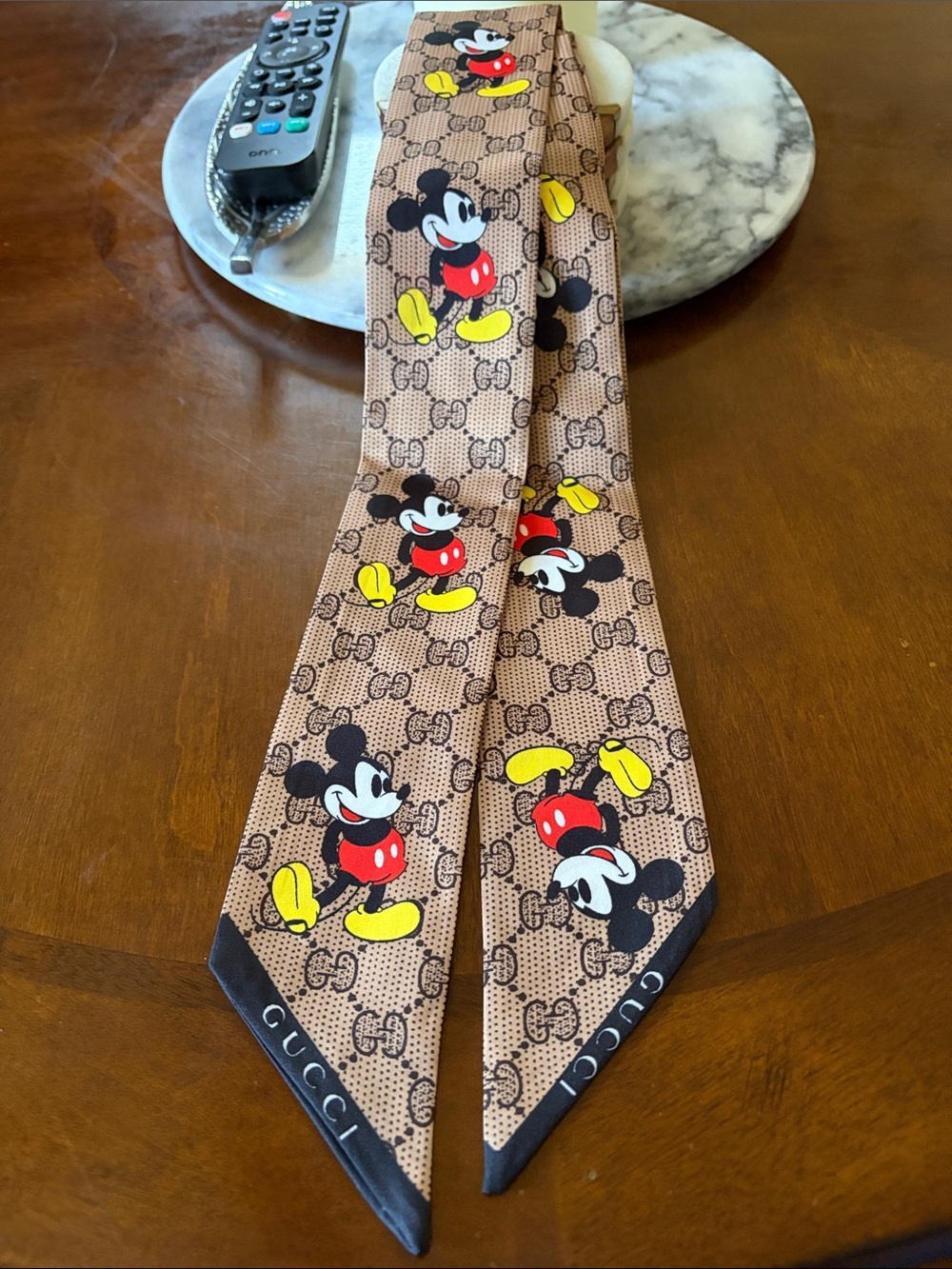 Gucci Brown Silk Mickey Mouse Twilly with Red & Yellow Accents
